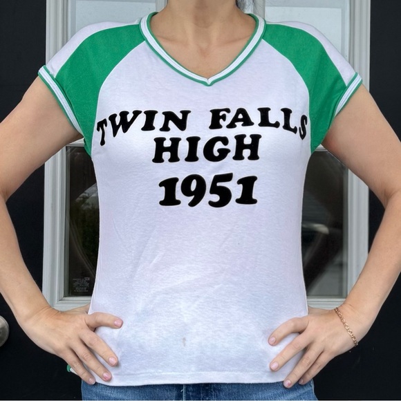 Vintage 1970’s Le Riche V-Neck Ringer Tee, Twin Falls High 1951, USA Made Shirt - Picture 1 of 10